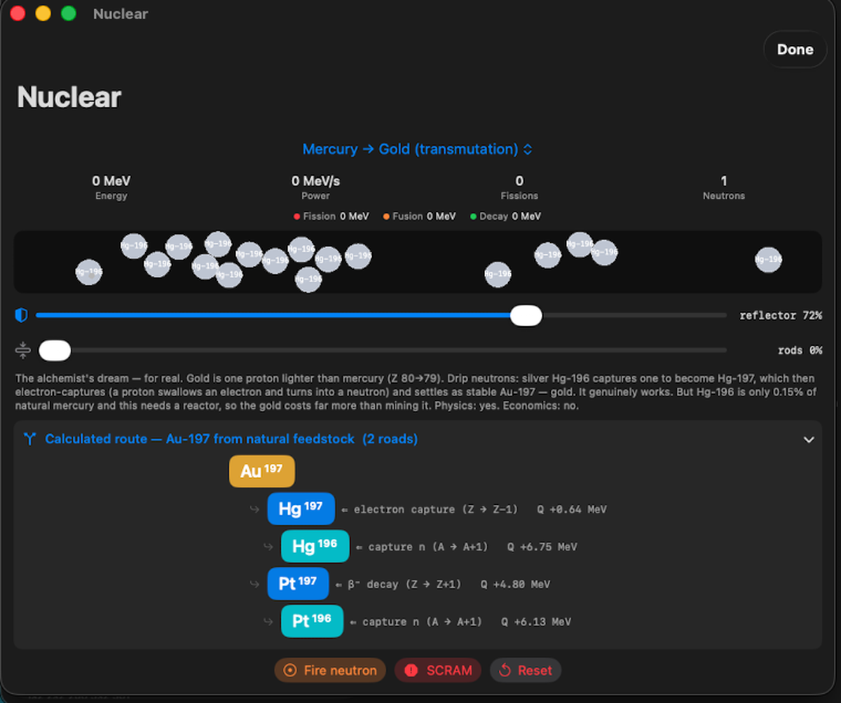 QuantumElements calculated transmutation route from mercury to gold, with Q-values