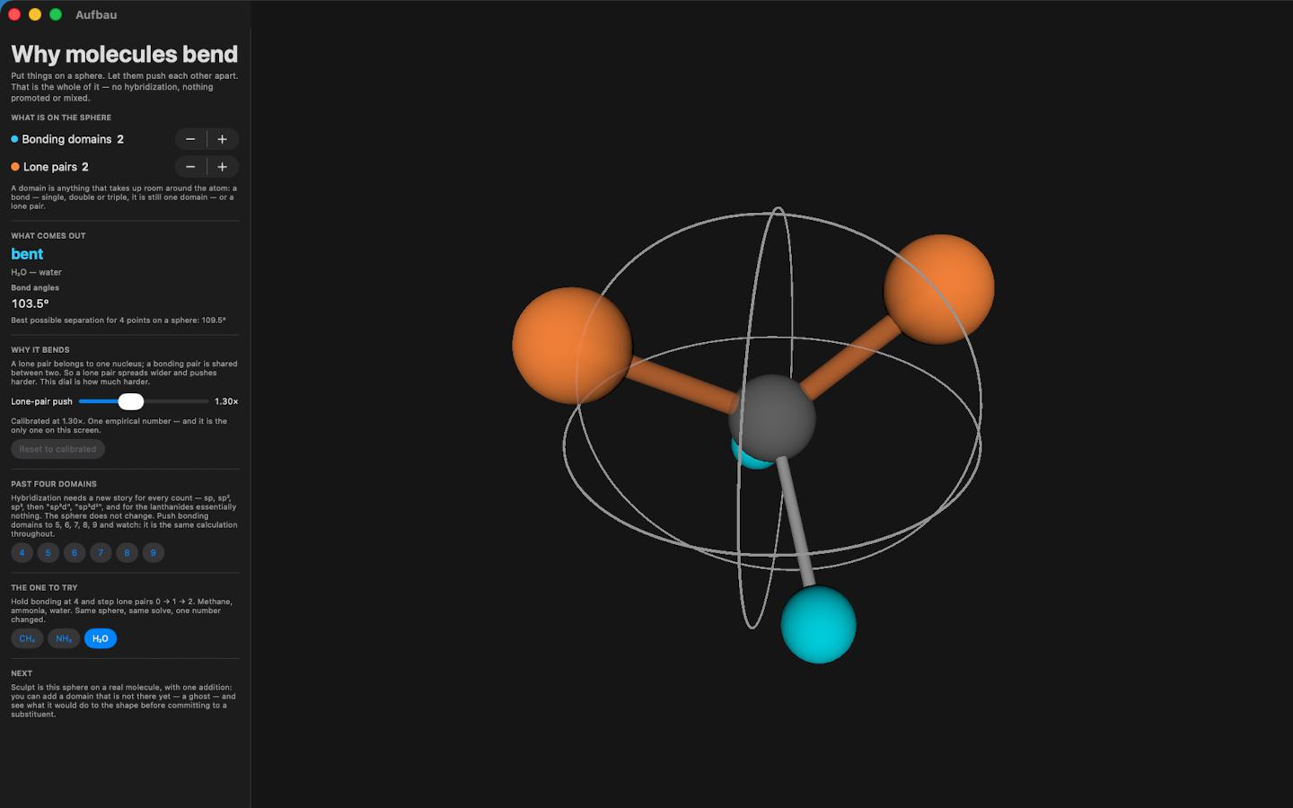 Aufbau lesson “Why molecules bend”: bonding domains and lone pairs arranged on a sphere beside water’s computed 103.5° bond angle and a lone-pair push dial