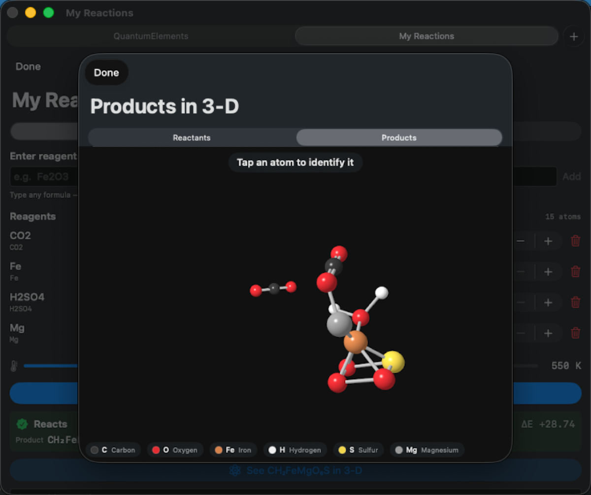 QuantumElements My Reactions tool: a user-composed mixture judged by the engine, with its products rendered as rotatable 3-D structures and a CPK element legend