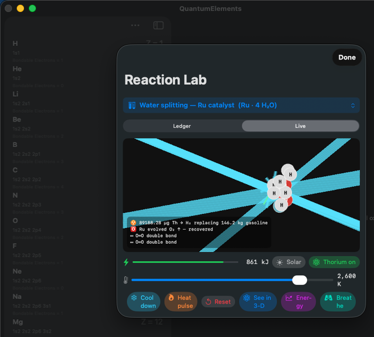 QuantumElements thorium-powered water-splitting reactor with a live energy ledger